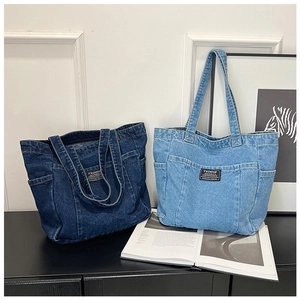 Retro denim tote bag set with Fashion Instinct label in dark and light blue colors