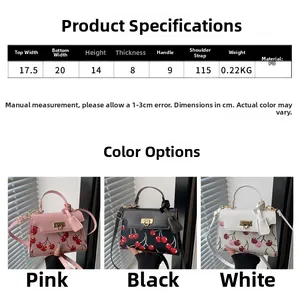 Detailed size chart and specifications for the cherry print mini commute handbag