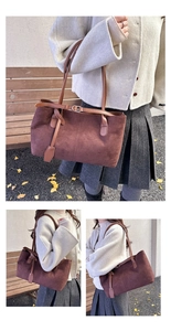 Détails de ce sac fourre-tout rétro en daim marron avec bandoulière et boucle métallique