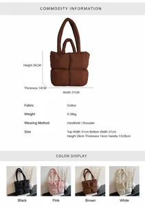 Bolso tote acolchado de algodón espacial con guía de tallas y comparativa de colores