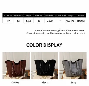 Tableau des tailles pour grand sac cabas en daim avec dimensions en cm et couleurs
