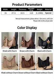Détails de grands sacs bandoulière en suédine disponibles en kaki, marron et noir