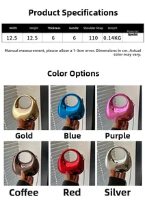 Detailed size specifications and 6 metallic color options for the mini acrylic evening bag