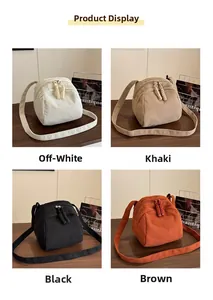 Detailed view of corduroy shell bags in beige, khaki, black and brown with rope zipper pulls
