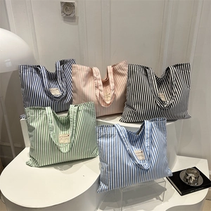 Women Striped Canvas Tote Bag Large Capacity Urban Minimalist Shoulder Bag Casual Commuting Handbag With Cloth Label