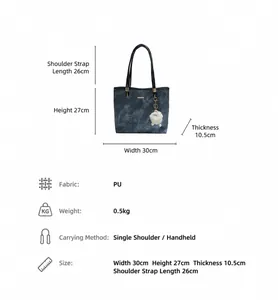 Detailed view showing the gray marble texture PU tote bag with size measurements in cm