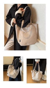 Three-view layout of large canvas tote bag showing shoulder carry and hand-held style