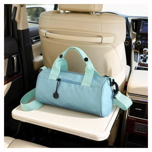 Detail of light blue cylinder gym bag with mint green straps on a car seat tray