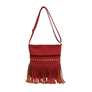 Red retro PU leather crossbody bag with long fringes, gold studs and zipper detail