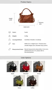 Detailed size chart and multi-color options for the pleated velvet cloud crossbody bag