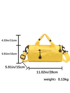 Detailed size specifications for yellow cylinder travel bag showing dimensions and weight