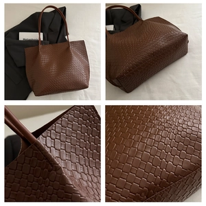 Detailed views of a brown woven tote bag featuring textured patterns and spacious design