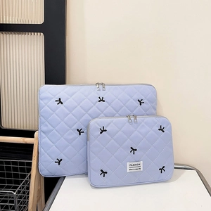 Cute Quilted Nylon Laptop Sleeve Case With Bow Embroidery Shockproof Rhombic Pattern Computer Protective Inner Bag For Women Students