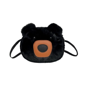 Cute black plush bear crossbody bag with brown leather snout and soft faux fur texture