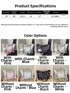 Size chart and color options for the floral quilted bucket tote bag with measurements