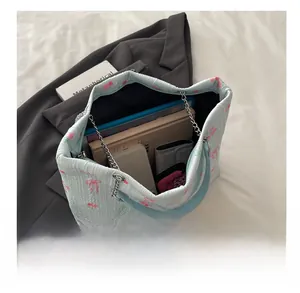 Detailed interior view of floral quilted tote bag showing large capacity for tablet and phone