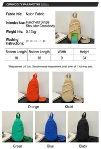 Size chart and specifications for multi-layer large capacity nylon crossbody chest bag