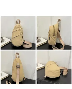 Detailed views of the multi-zipper beige sling bag showing front, side, and back angles