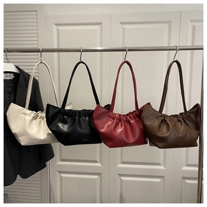 Fashionable pleated handbags in cream, black, dark red, and coffee soft PU leather