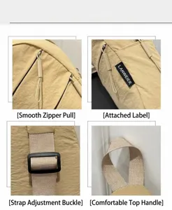 Detail view of khaki nylon sling bag showing zipper, brand tag, and adjustable buckle