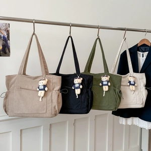 Große Cord-Einkaufstasche Für Damen Retro Lässige Umhängetasche Mit Tunnelzug-Seitentaschen Und Süßem Bärenanhänger