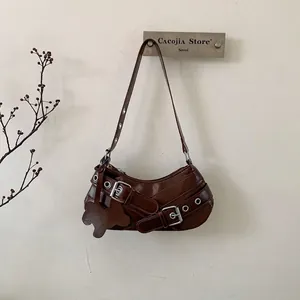 Dames Retro PU Lederen Onderarmtas Y2K Stijl Metalen Gesp Decoratie Grote Capaciteit Effen Kleur Verstelbare Band Hobo Tas