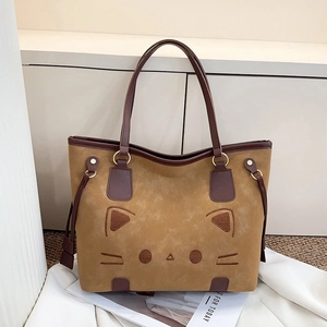 Sac Cabas en Cuir PU de Grande Capacité Avec Broderie de Chat Mignon Sac à Épaule Vintage pour Femme Quotidien Décontracté