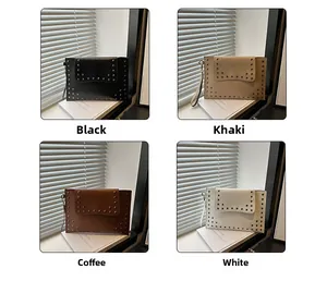 Detailed grid view of studded envelope clutch bags in black, khaki, brown, and white colors