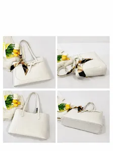 Detailed four-way view of white crocodile pattern tote bag with decorative silk scarf