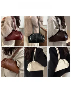 Collage showing stylish faux leather tote bag in five colors worn by a model