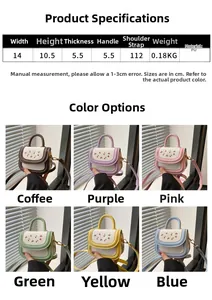 Detailed size chart and multi-color collage of small cherry print PU crossbody bags