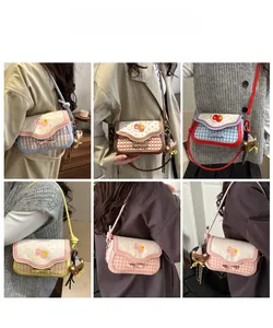 Multi-angle view of plaid crossbody bag with cartoon bow decor and cute bear charm