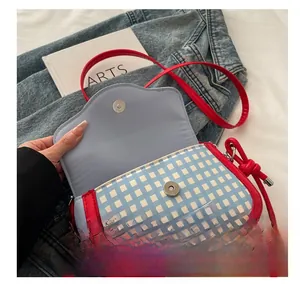 Detail of blue and white checkered bag with red leather trim and metal magnetic closure