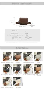 Detailed size chart for mini PU leather crossbody bag showing dimensions and color options