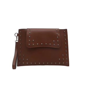 Vintage brown envelope clutch bag with silver square studs and wrist strap