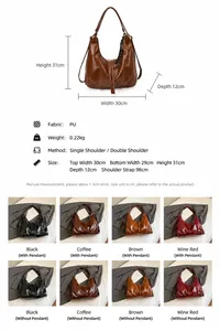 Tableau des tailles et couleurs pour ce grand sac hobo en cuir PU avec détails des dimensions