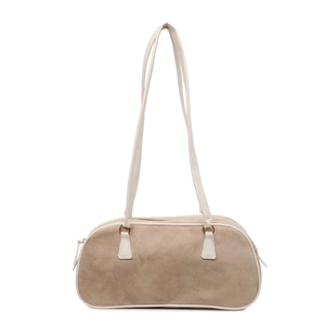 Retro khaki suede shoulder bag with long rectangular silhouette and white dual straps