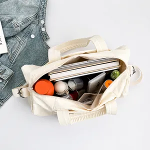 Interior view of large beige nylon tote bag showing spacious capacity and organization