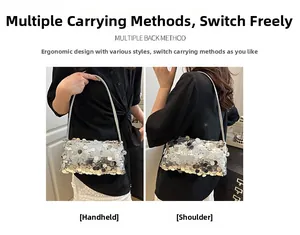 Sac à bandoulière à paillettes argentées présenté à la main et porté à l'épaule