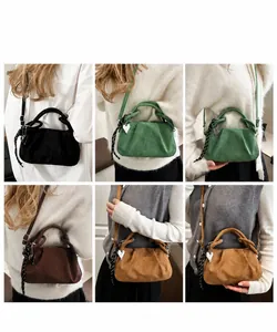 Model showcasing various styling angles of the pleated suede crossbody cloud bag