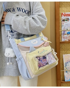 Detail of cute nylon messenger bag with cat ears, transparent pocket and cloud charm
