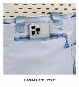 Detail of secure back zipper pocket on nylon tote bag showing smartphone storage