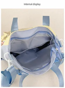 Internal display of nylon tote bag with zipper compartment and multiple storage pockets
