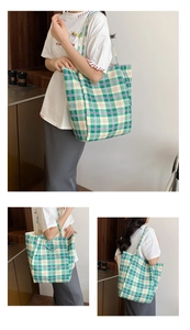 Multiple views of a large checkered canvas tote bag in green and purple for daily commuting