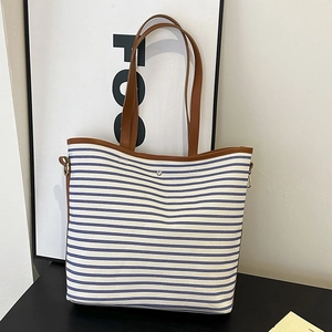 Damen Casual Gestreifte Leinwand Tragetasche Große Kapazität Umhängetasche Mit Braunen Kunstledergriffen Gestreifte Handtasche