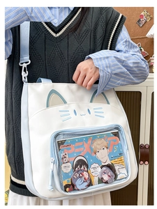 Detail der weißen und blauen Ita-Tasche mit Katzenohren und PVC-Fenster für Buttons