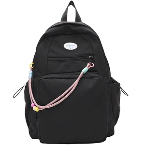 Vista frontale dello zaino in nylon nero con tasche trasparenti e cordoncino colorato