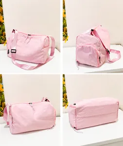 Pink nylon crossbody bag details showing four-angle views and durable shoulder strap