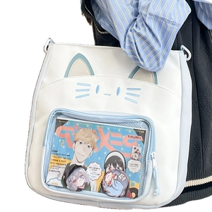 Ita-Tasche im japanischen Katzen-Stil mit transparentem PVC-Fenster und blauem Gurt