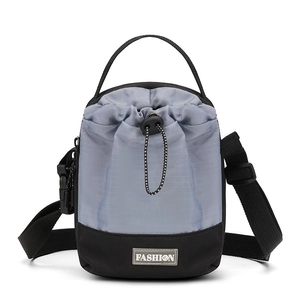 Crossbody phone bag with water bottle holder in grey-blue and black nylon finish